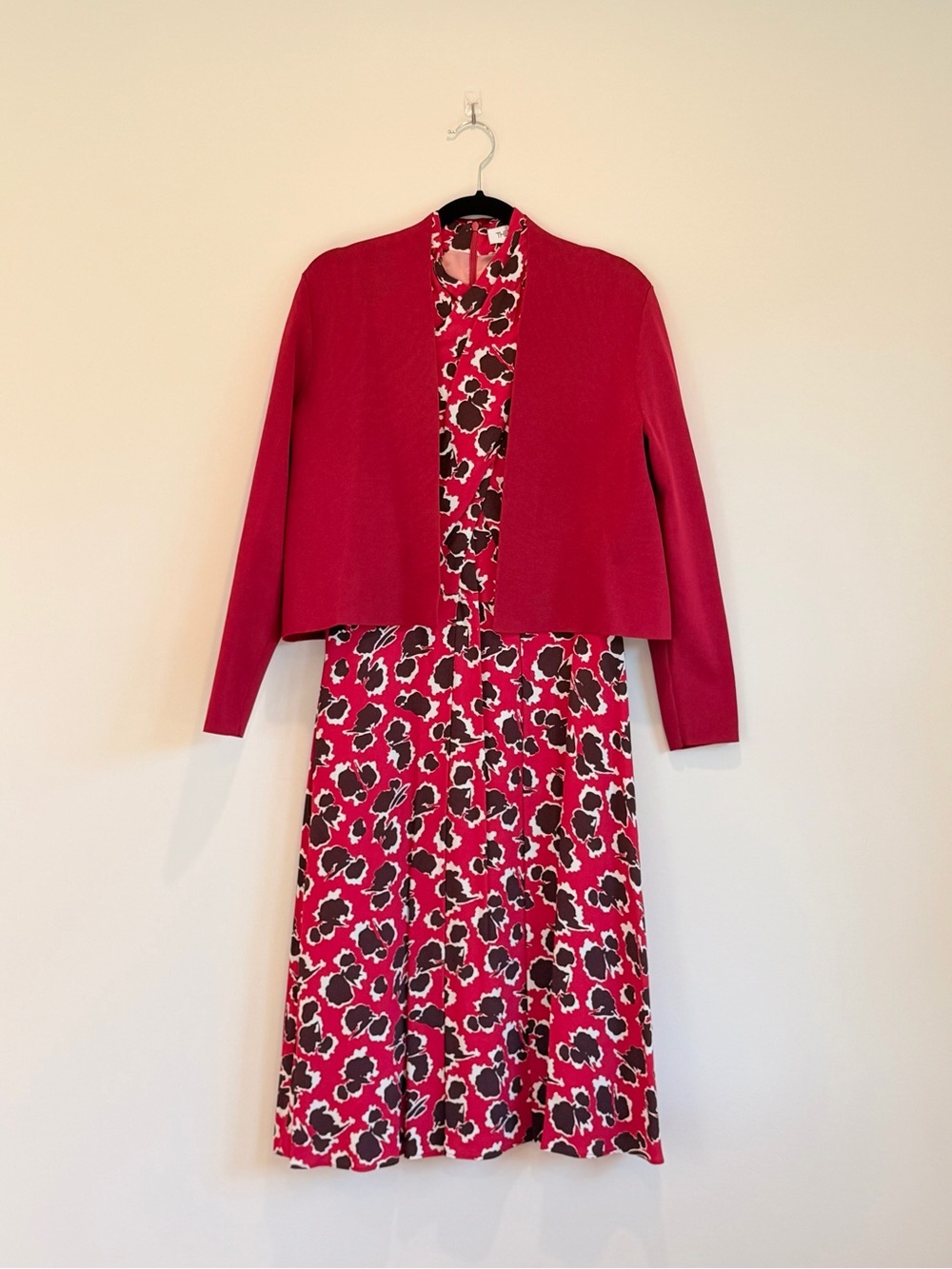 The Fold London Mirabello Dress Pink Multicolour Crepe + Caccini Knitted Jacket